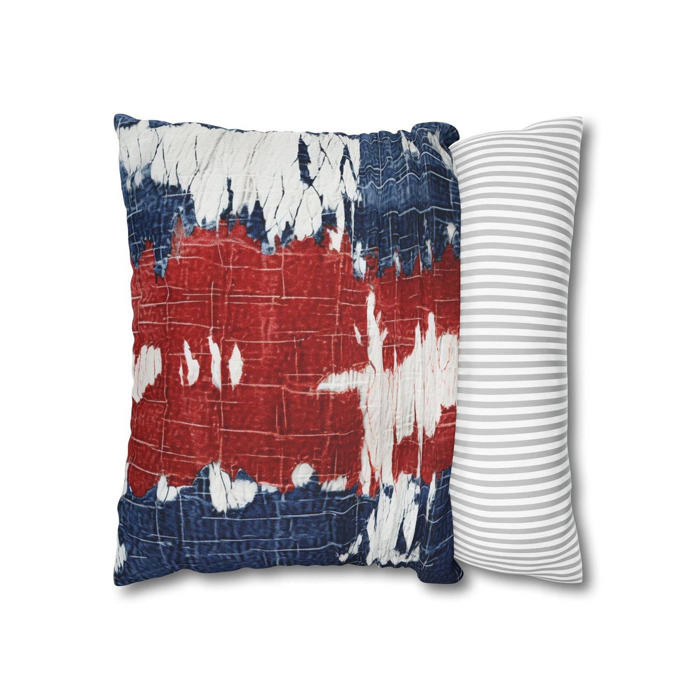 Patriotic Red, White & Blue: Distressed Denim-Style, Torn Fabric - Spun Polyester Square Pillow Case