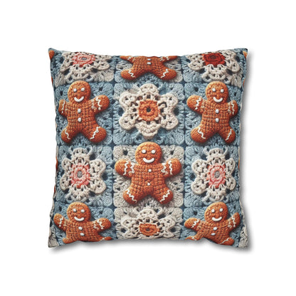 Christmas Holiday Delight: Crocheted Gingerbread Smile Pattern with Lace Snowflakes - Spun Polyester Square Pillow Case