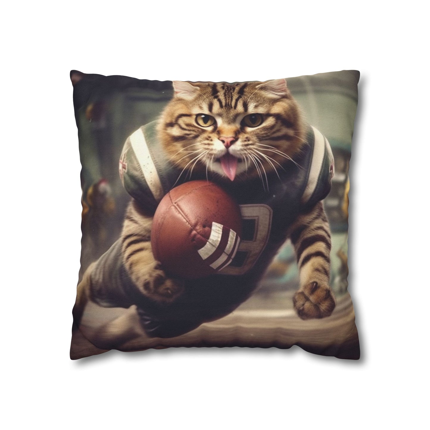 Football Field Felines: Kitty Cats in Sport Tackling Scoring Game Position - Spun Polyester Square Pillow Case