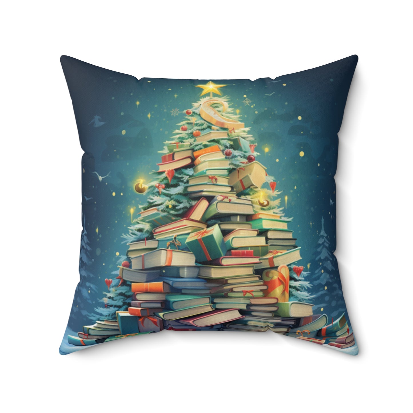 Book Worm Club Christmas Tree Seasonal Winter Holiday - Spun Polyester Square Pillow