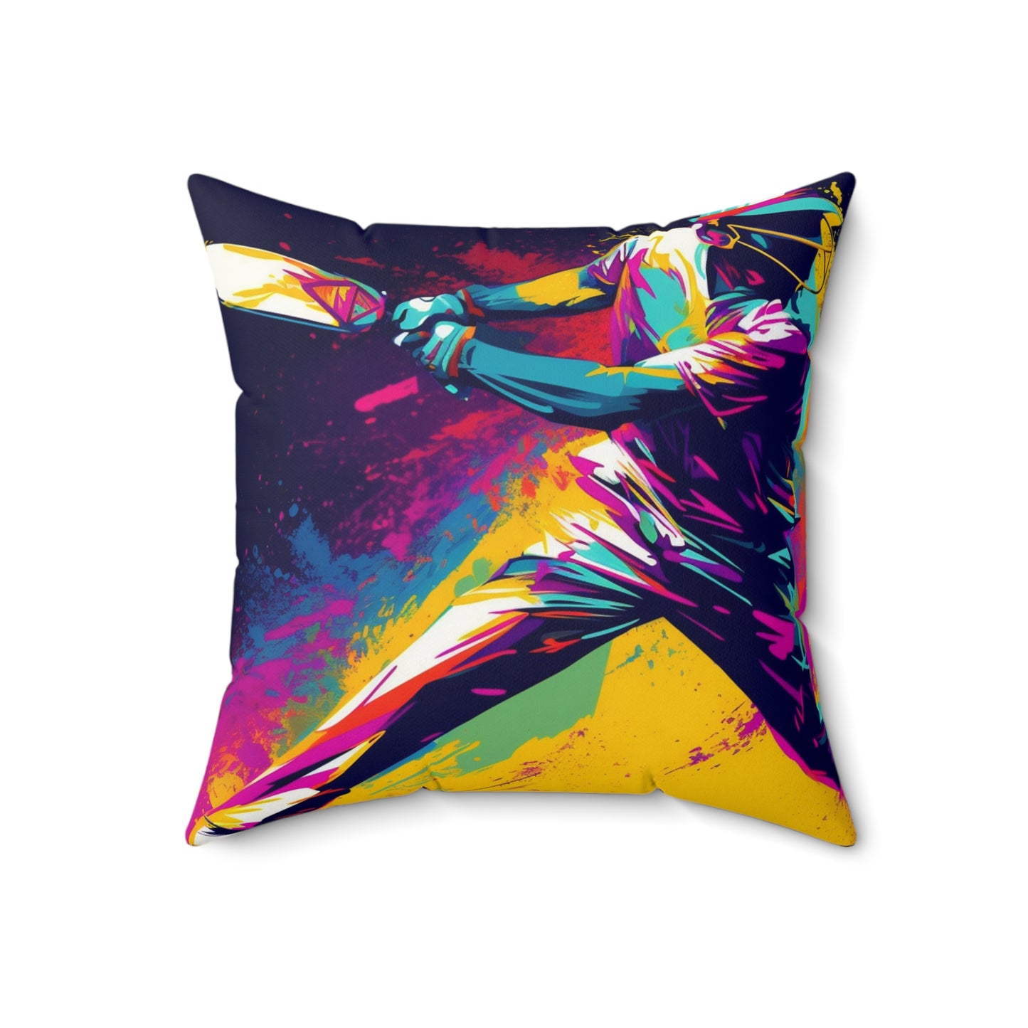 Cricket Pop Art: Batsman, Ball Impact, Wicket Stand Sport Game - Spun Polyester Square Pillow