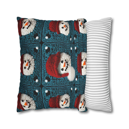 Snowman Crochet Craft, Festive Yuletide Cheer, Winter Wonderland - Spun Polyester Square Pillow Case