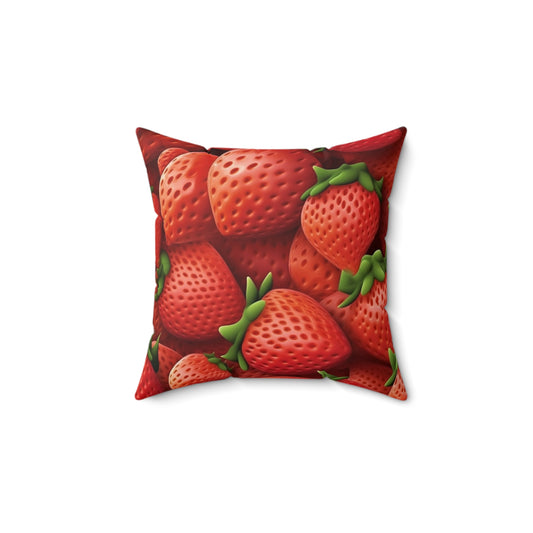 Garden Strawberries- Wild Sweet Gourmet - Farm Growing Ripe Red Fruit -Spun Polyester Square Pillow