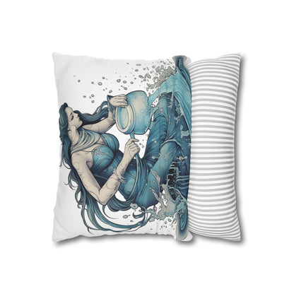 Aquarius Zodiac Symbol - Girl Pouring Water, Hand-Drawn Style - Spun Polyester Square Pillow Case