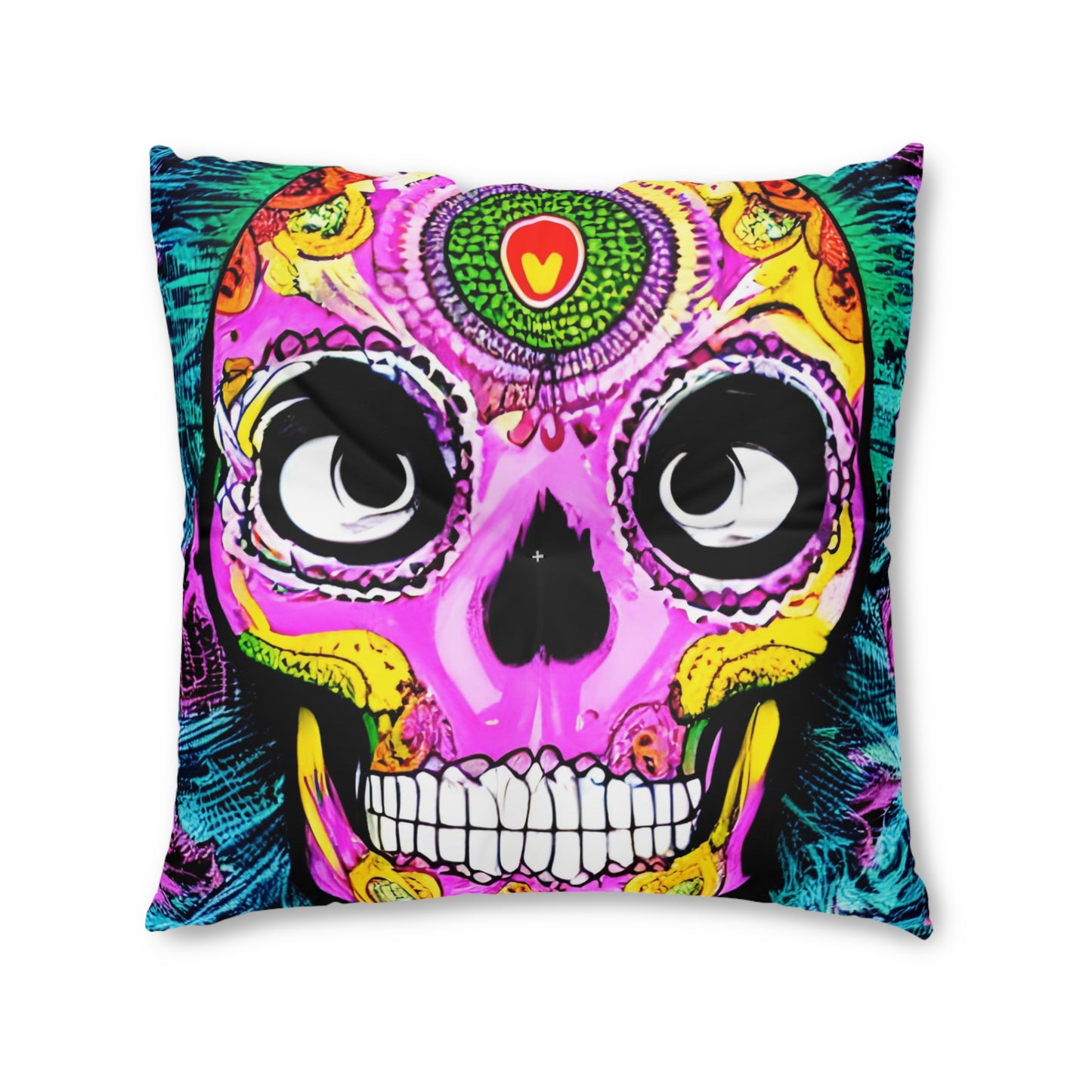 Trippy psychedelic Skull Skeleton Head Face Tufted Floor Pillow, Square