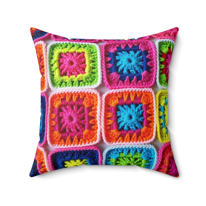 Crochet Granny Square, Summer Cotton, Patchwork, Retro Floral Design, Crochet Cotton - Spun Polyester Square Pillow