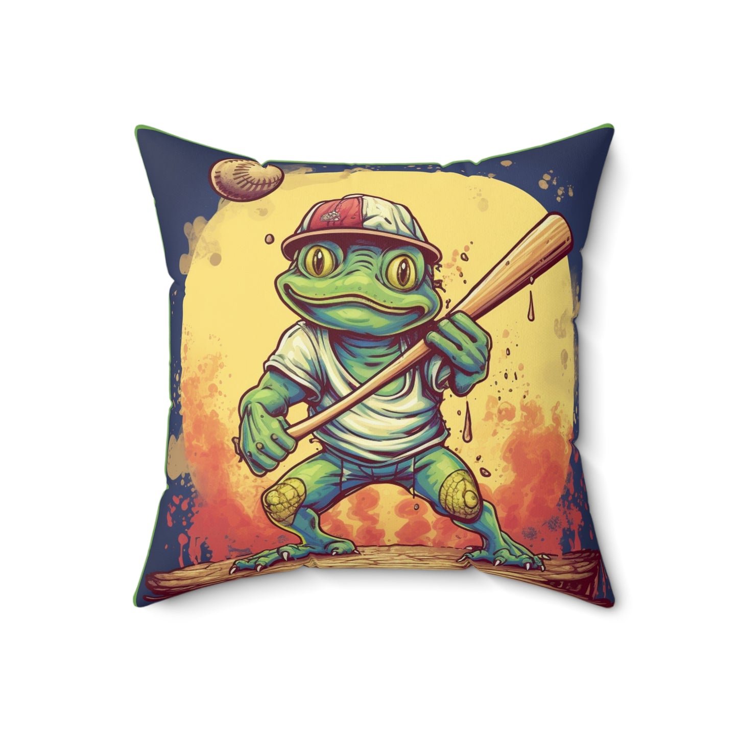 Frog Baseball Sport Athletic Swamp Creature Game Graphic Spun Polyester Square Pillow