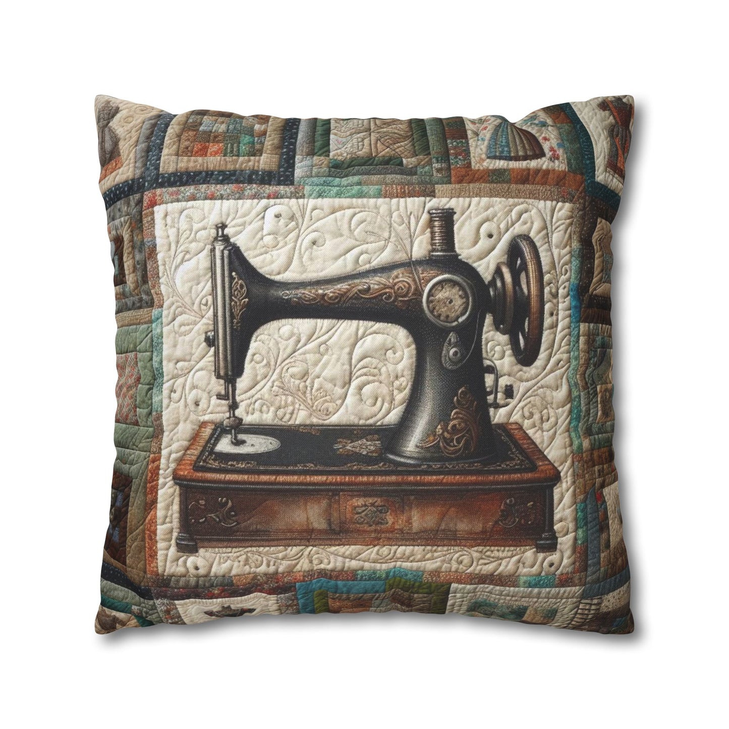 Quilted Sewing Machine, Tailor Craft Patchwork, Heirloom Textile Art - Spun Polyester Square Pillow Case