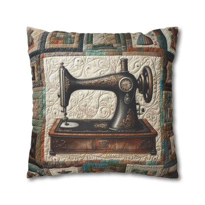 Quilted Sewing Machine, Tailor Craft Patchwork, Heirloom Textile Art - Spun Polyester Square Pillow Case