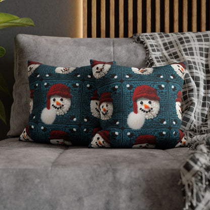 Snowman Crochet Craft, Festive Yuletide Cheer, Winter Wonderland - Spun Polyester Square Pillow Case