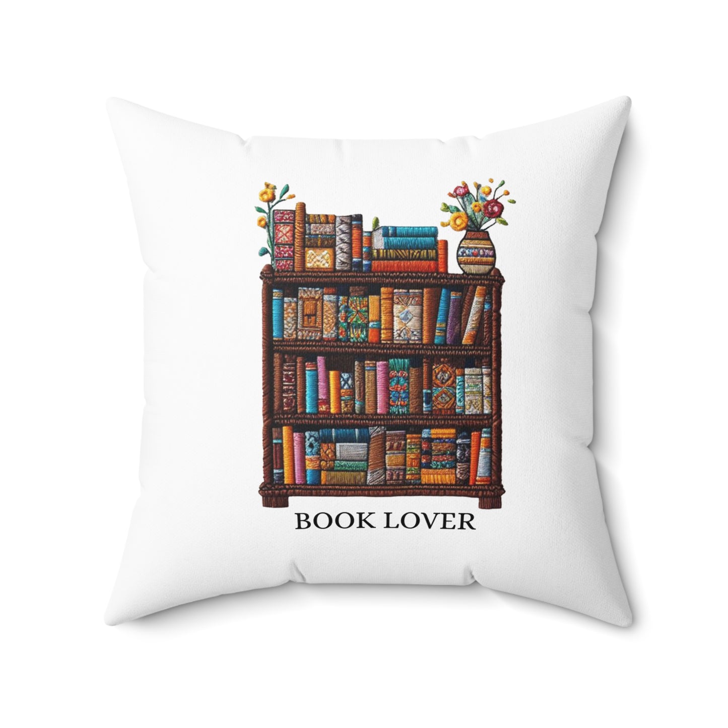 Crafted Book Lover Embroidery: Artisanal Bookshelf Design for Bibliophiles - Spun Polyester Square Pillow