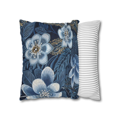 Flower Blossom Embroidery Floral on Denim Style - Spun Polyester Square Pillow Case