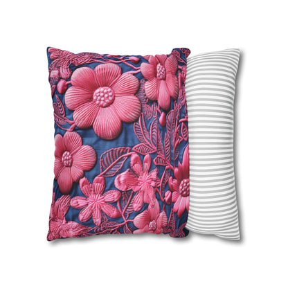 Denim Blue Doll Pink Floral Embroidery Style Fabric Flowers - Spun Polyester Square Pillow Case