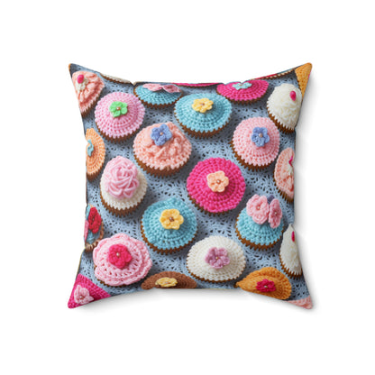 Crochet Cupcake Treat Frosted Cake Dessert Bakery Design - Spun Polyester Square Pillow