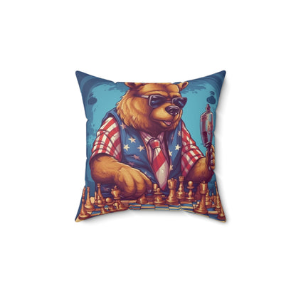 Checkmate Patriotism: Patriotic Bear's Chess Game 4th of July Style Spun Polyester Square Pillow