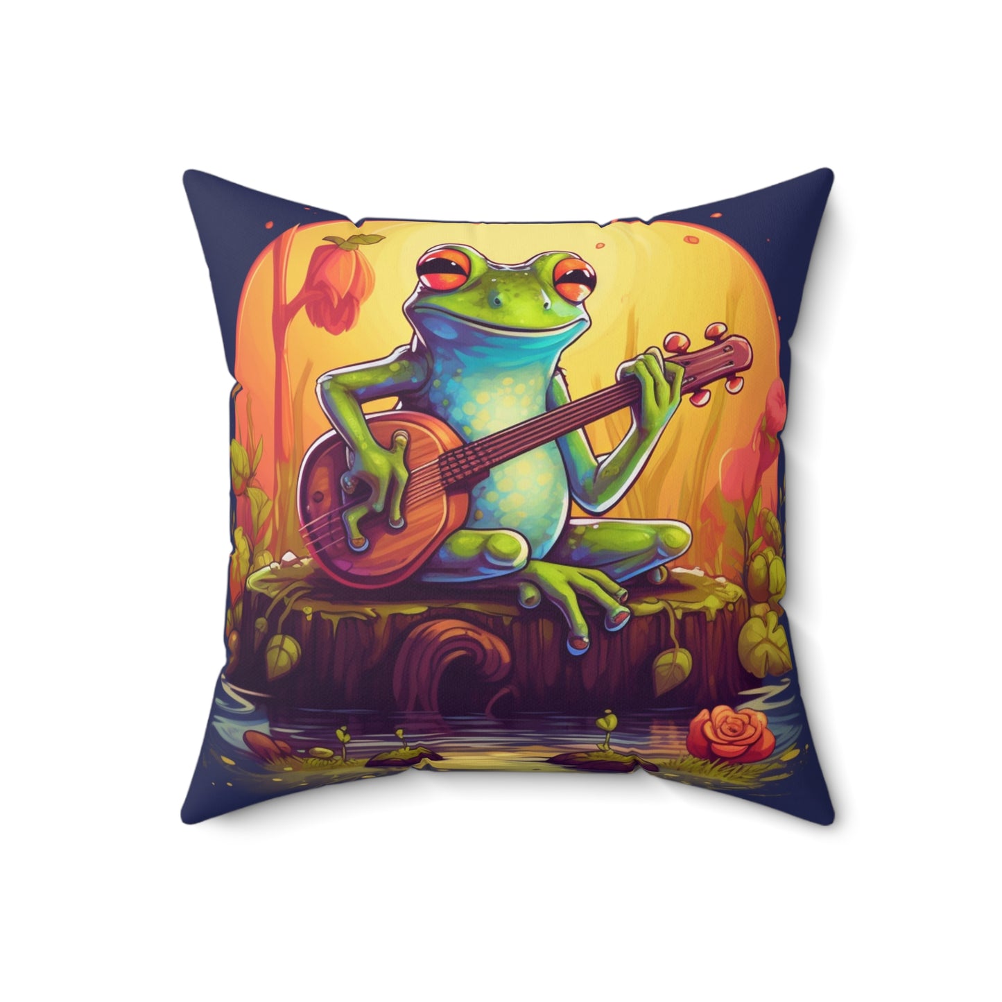 Log Frog Playing Instrument Tune Music Outdoor Swamp Graphic Spun Polyester Square Pillow