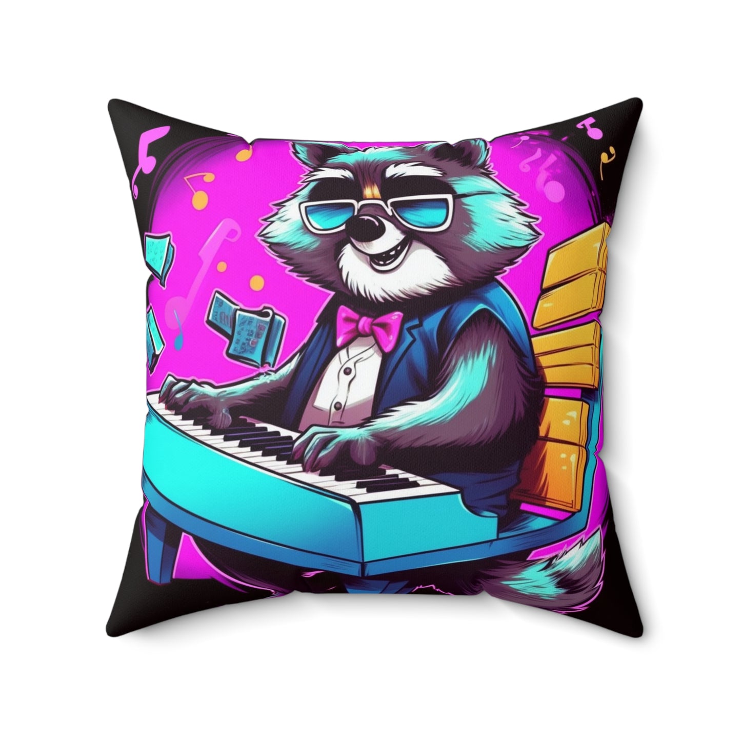 Piano Raccoon Furry Animal Keyboard Artist Musician Graphic Spun Polyester Square Pillow