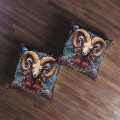 Aries Zodiac Ram - Vibrant Astrological Sign Cosmic Space Symbol - Tufted Floor Pillow, Square