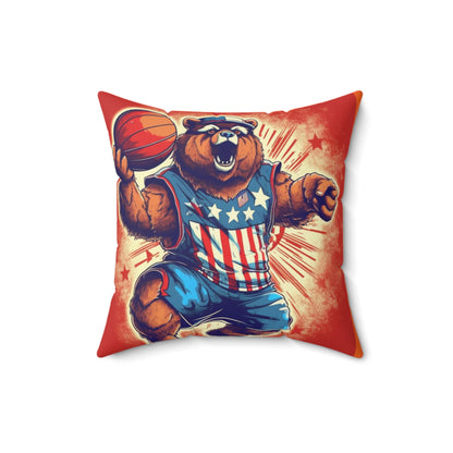 Slam Dunk for Independence:Patriotic Bear's 4th of July Basketball Game Spun Polyester Square Pillow