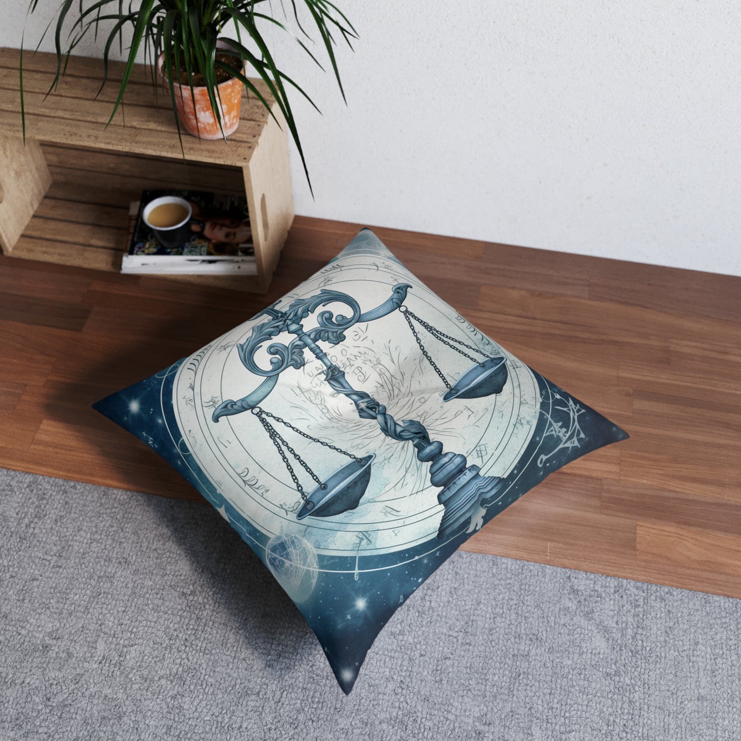 Blue Tones Libra Zodiac Cosmic Astro - Balance Scale & Symbols - Tufted Floor Pillow, Square