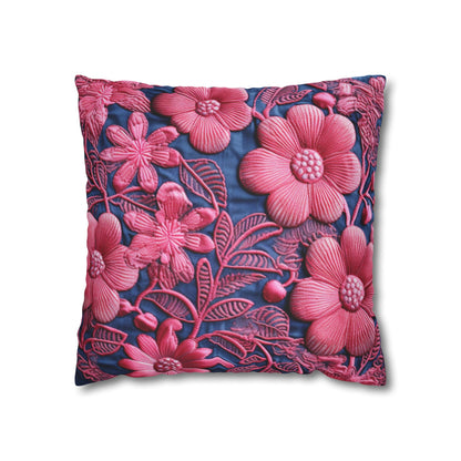 Denim Blue Doll Pink Floral Embroidery Style Fabric Flowers - Spun Polyester Square Pillow Case