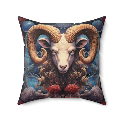 Aries Zodiac Ram - Vibrant Astrological Sign Cosmic Space Symbol - Spun Polyester Square Pillow