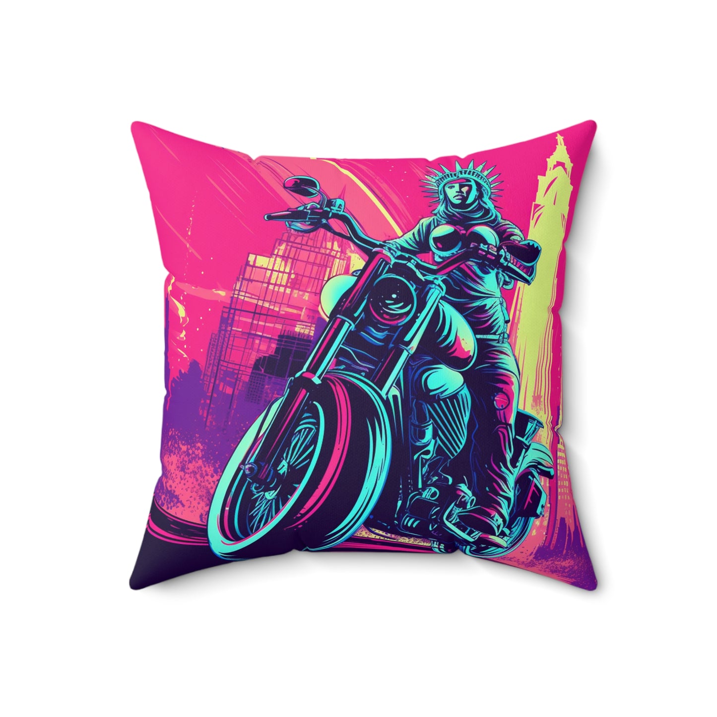 Statue of Liberty Motorcycle Biker USA Style Spun Polyester Square Pillow