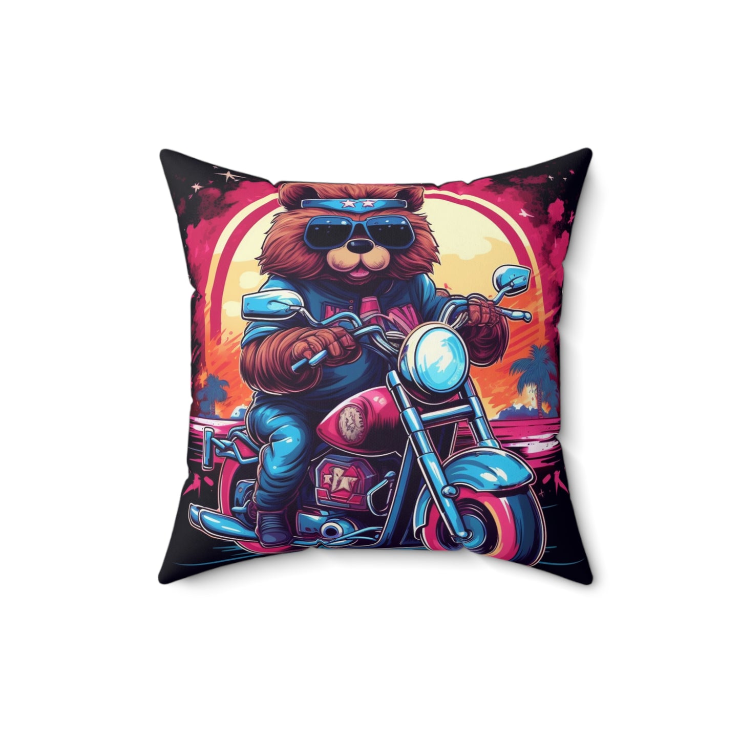 Motorcycle Bear Rider Adventure Graphic Spun Polyester Square Pillow