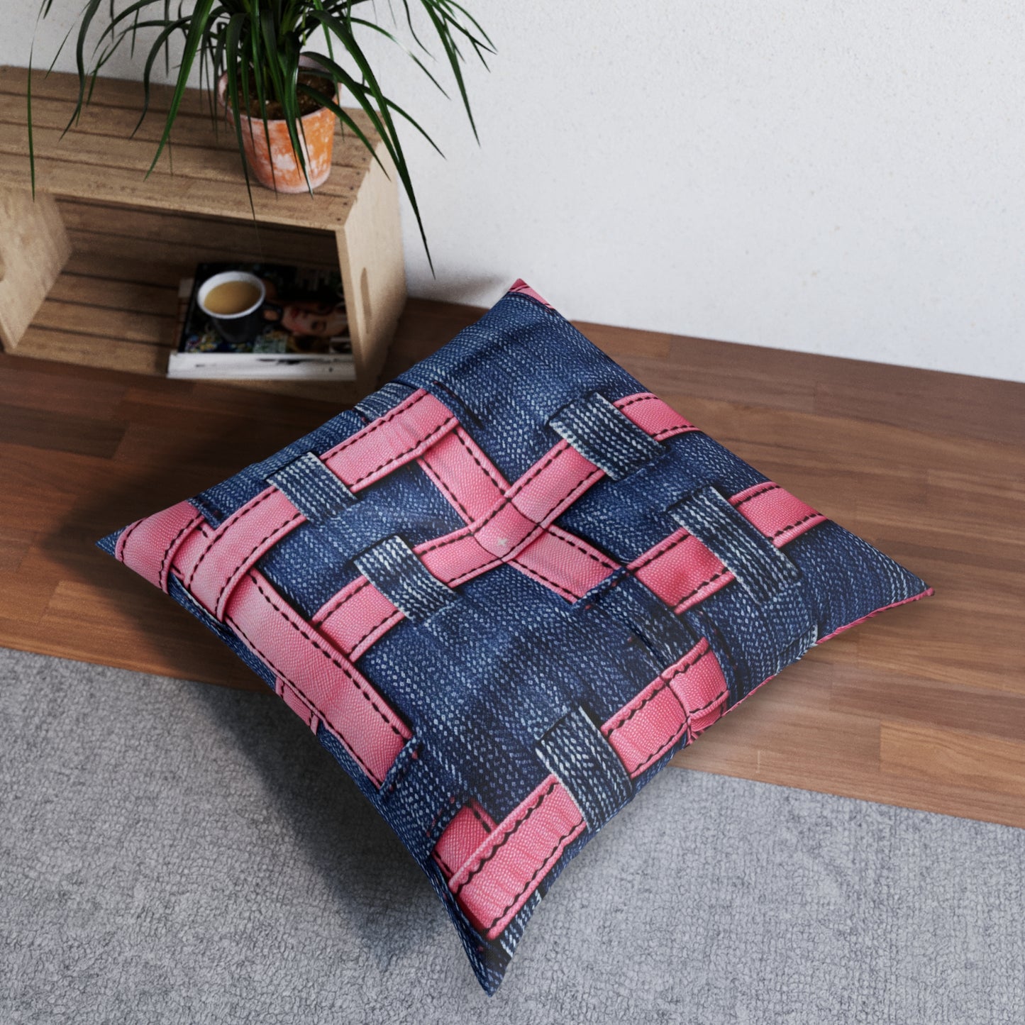 Candy-Striped Crossover: Pink Denim Ribbons Dancing on Blue Stage - Tufted Floor Pillow, Square