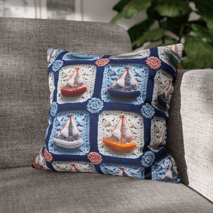 Crochet Boat Ship Sea Vessel Ocean Beach Travel Yacht Design - Spun Polyester Square Pillow Case