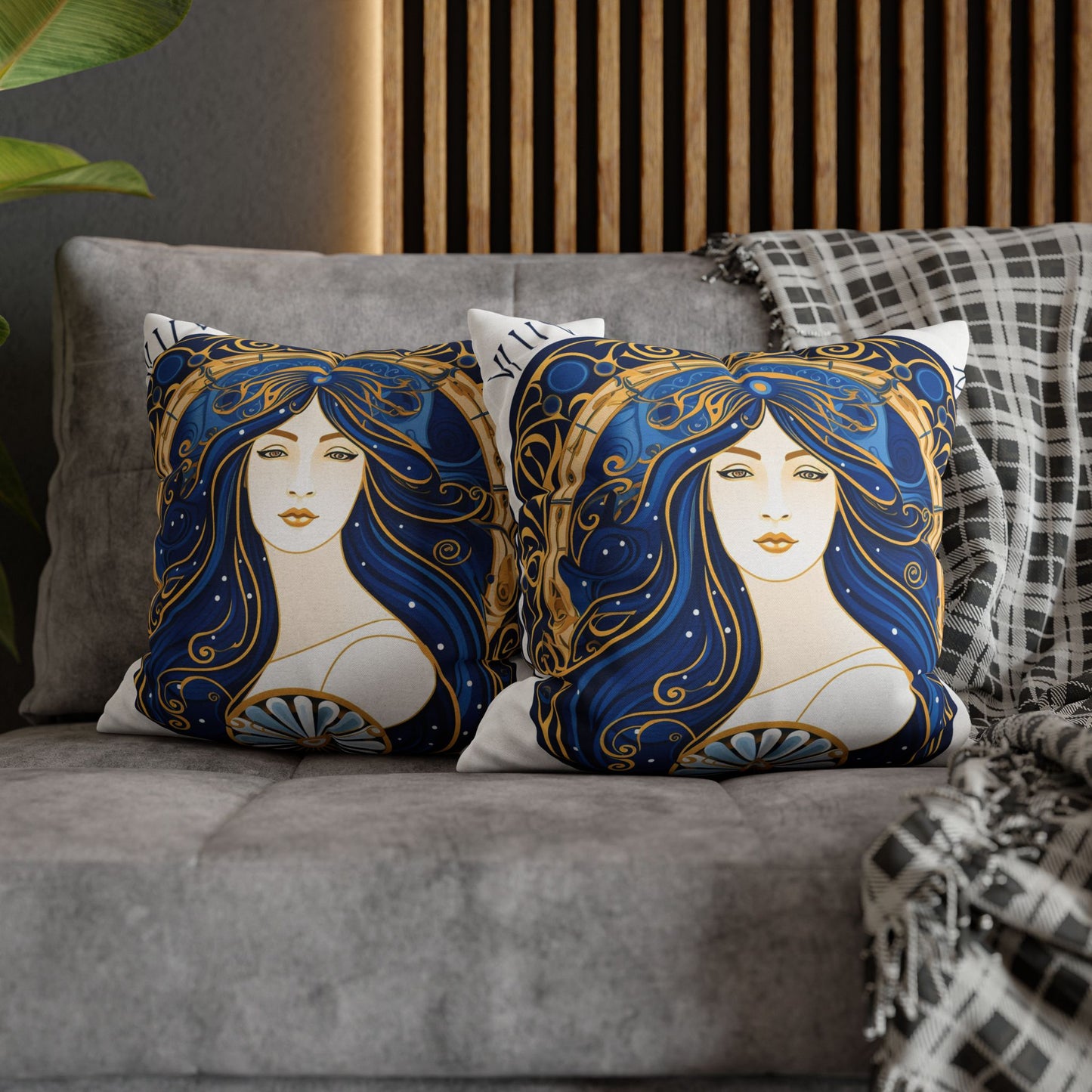 Virgo Zodiac Circular Symmetry in Gold Royal Blue - Spun Polyester Square Pillow Case