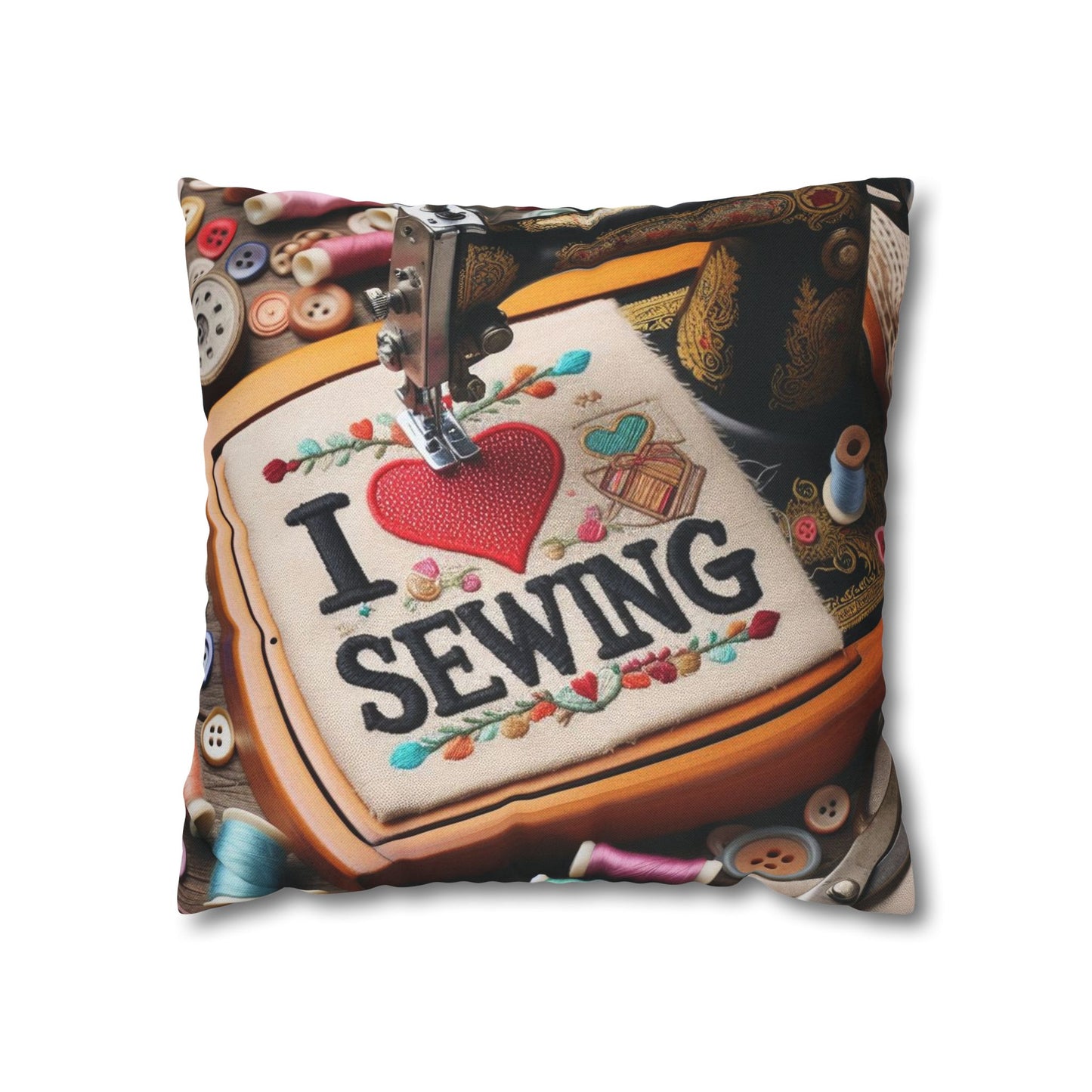 Sewing Machine, I Love Sewing Embroidery, Tailor Workshop - Spun Polyester Square Pillow Case