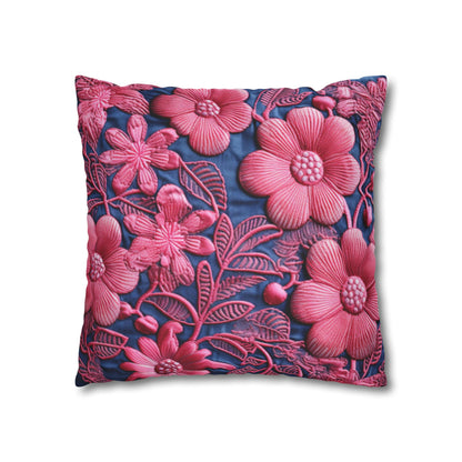 Denim Blue Doll Pink Floral Embroidery Style Fabric Flowers - Spun Polyester Square Pillow Case