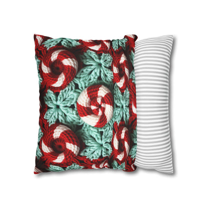 Christmas Crochet Candy Cane - Pepper Red Crystal White Holiday Pattern - Spun Polyester Square Pillow Case