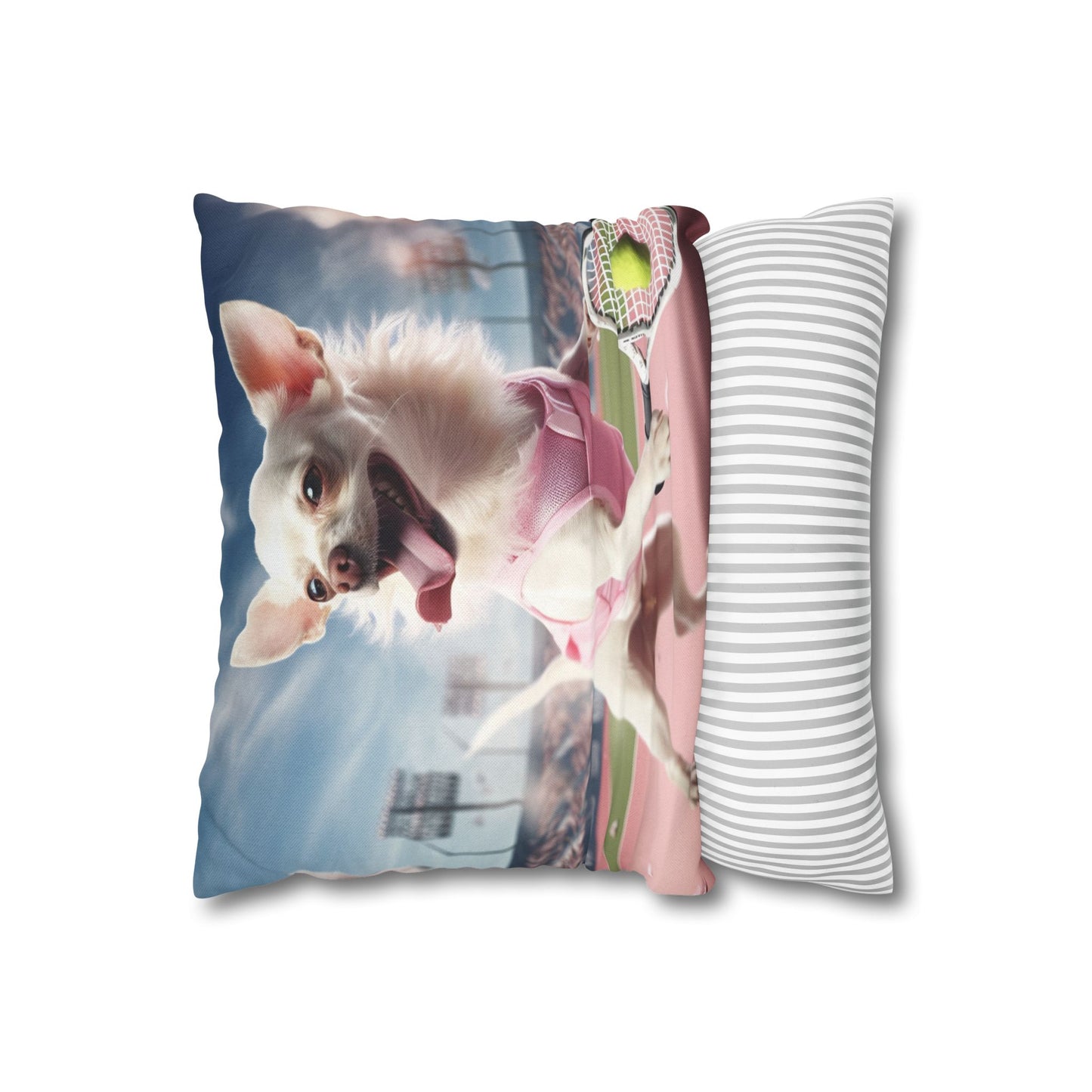 Chihuahua Tennis Ace: Dog Pink Outfit, Court Atheletic Sport Game - Spun Polyester Square Pillow Case