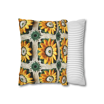 Sunflower Crochet Elegance, Granny Square Design, Radiant Floral Motif. Bring the Warmth of Sunflowers to Your Space - Spun Polyester Square Pillow Case