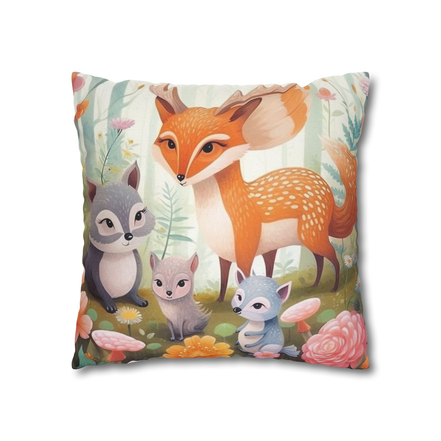 Cute Woodland Creatures Whimsical Animal Art Spun Polyester Square Pillow Case