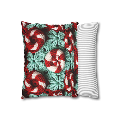 Christmas Crochet Candy Cane - Pepper Red Crystal White Holiday Pattern - Spun Polyester Square Pillow Case