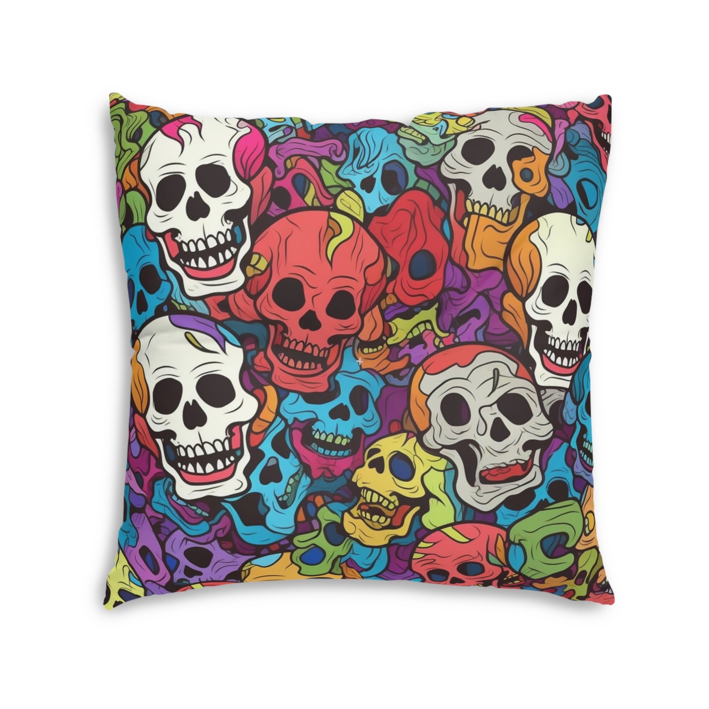 Psychedelic Rainbow Skull Head Pattern, Vibrant Colors - Tufted Floor Pillow, Square