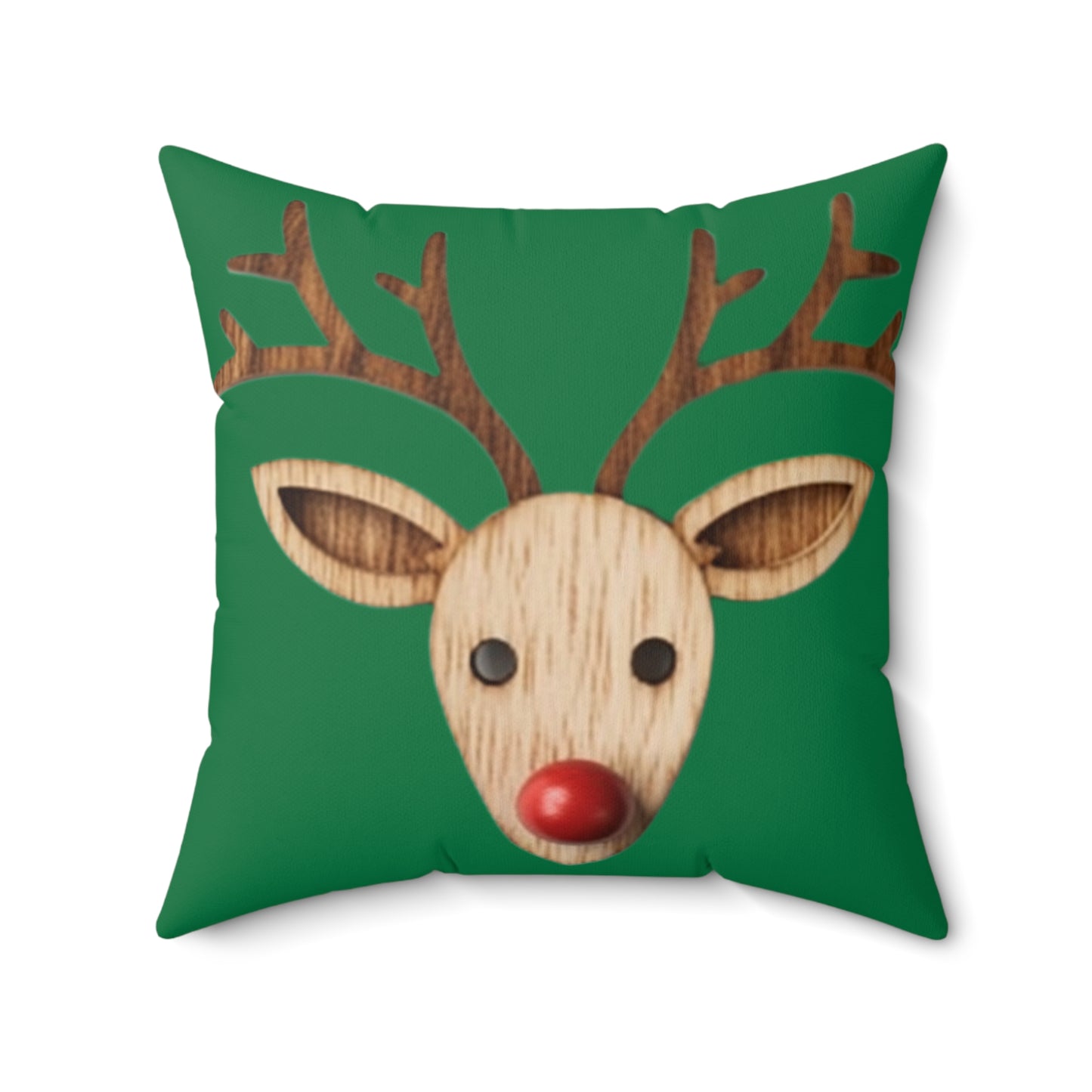 Red Reindeer Nose Christmas Classic Winter Season - Green - Spun Polyester Square Pillow