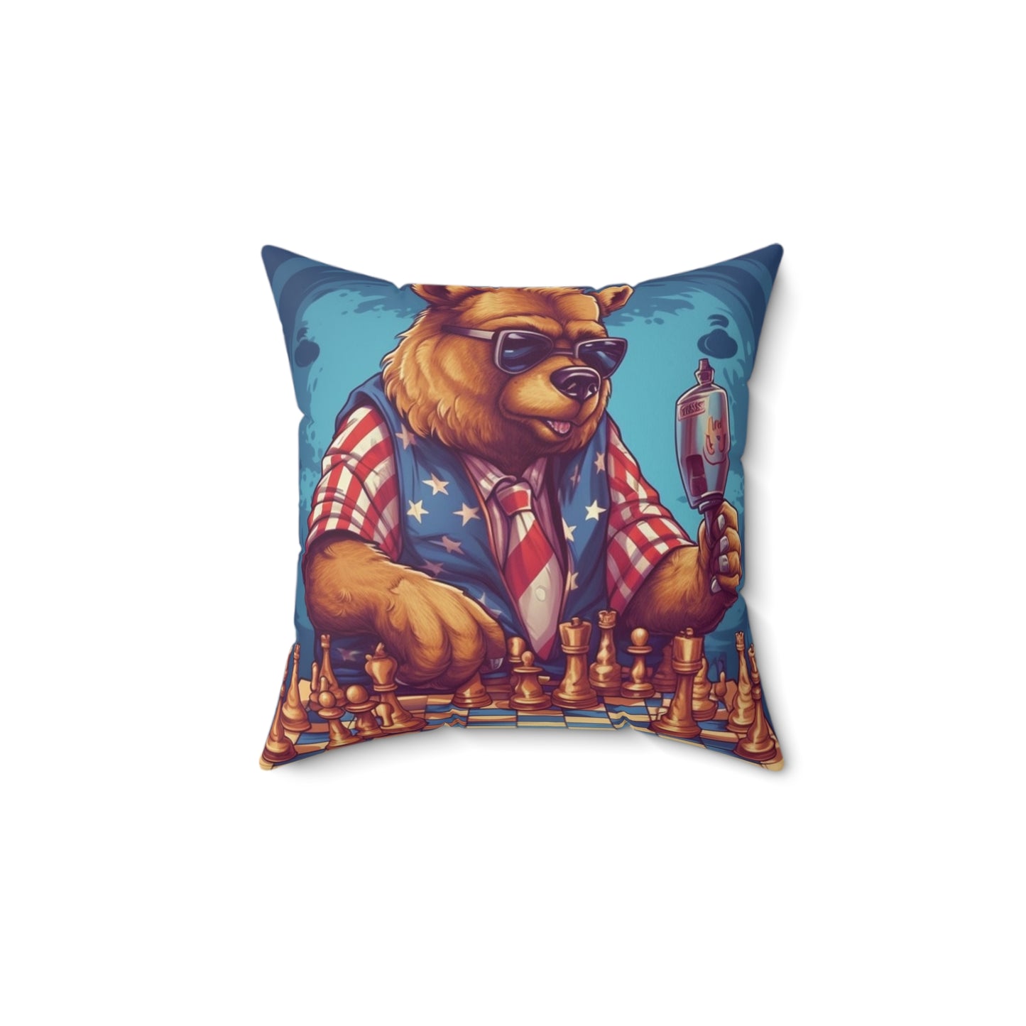 Checkmate Patriotism: Patriotic Bear's Chess Game 4th of July Style Spun Polyester Square Pillow