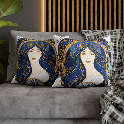 Virgo Zodiac Circular Symmetry in Gold Royal Blue - Spun Polyester Square Pillow Case