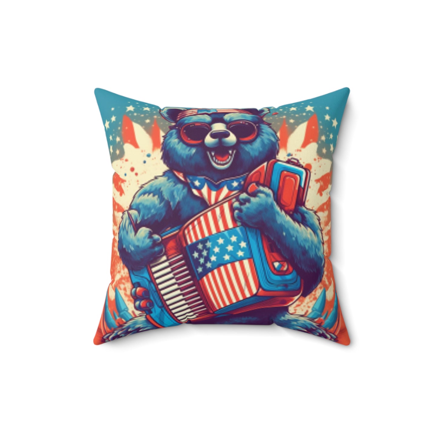 Accordion Bear Patriotic 4th of July American Music Spun Polyester Square Pillow