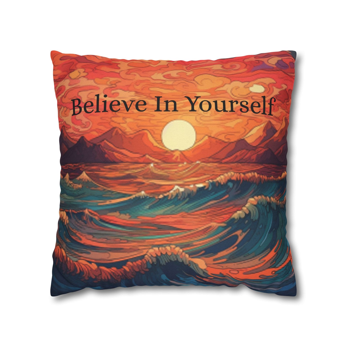 Inspirational 'Believe in Yourself' - Sunrise Ocean Art Spun Polyester Square Pillow Case