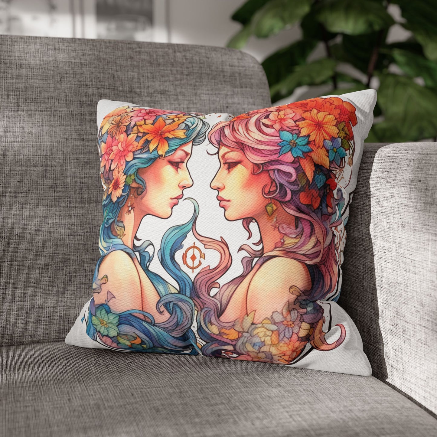 Zodiac Gemini Clipart - Twins Symbol, Whimsical Comic Style - Spun Polyester Square Pillow Case