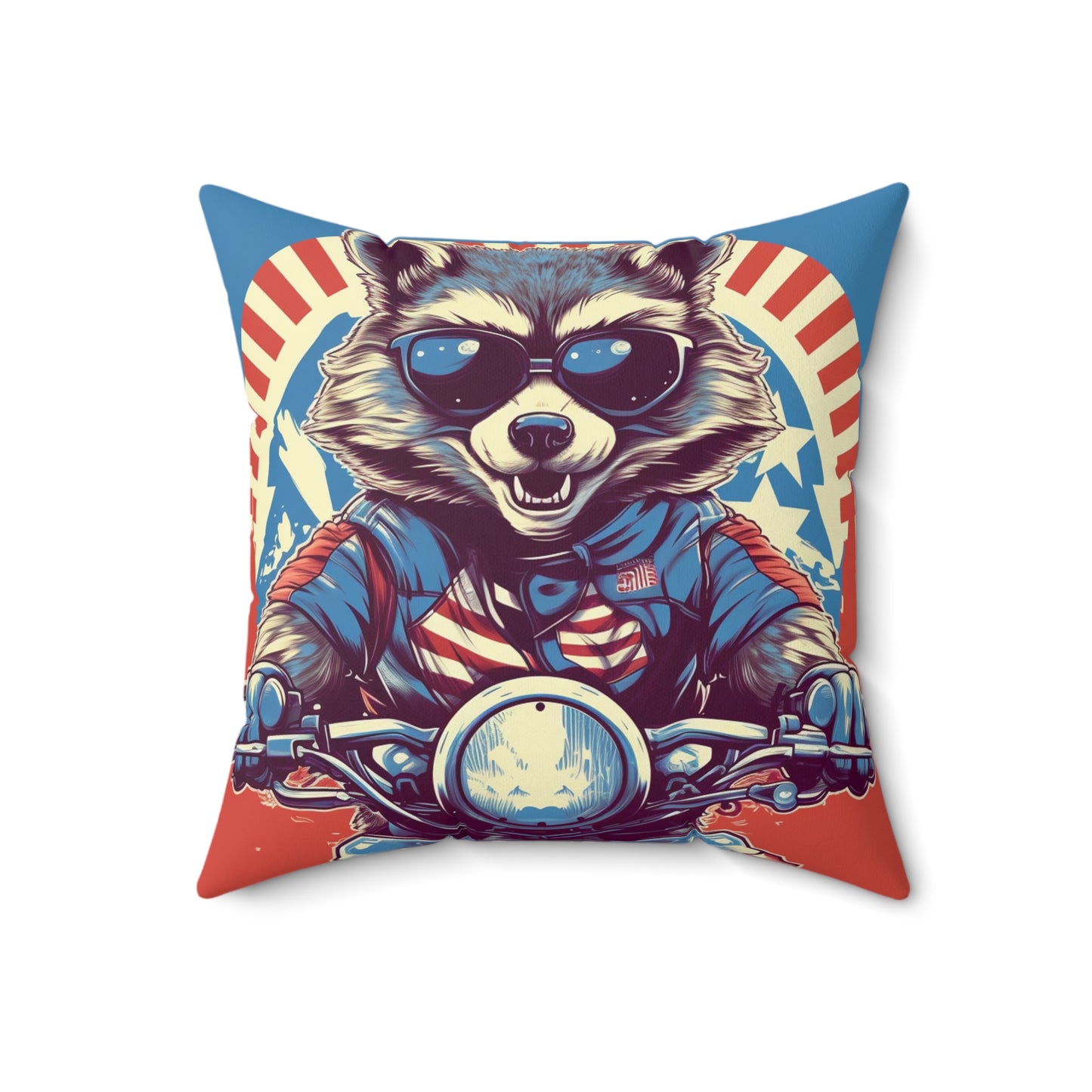 Raccoon Motorcycle Bike Rider Furry Animal Graphic Spun Polyester Square Pillow