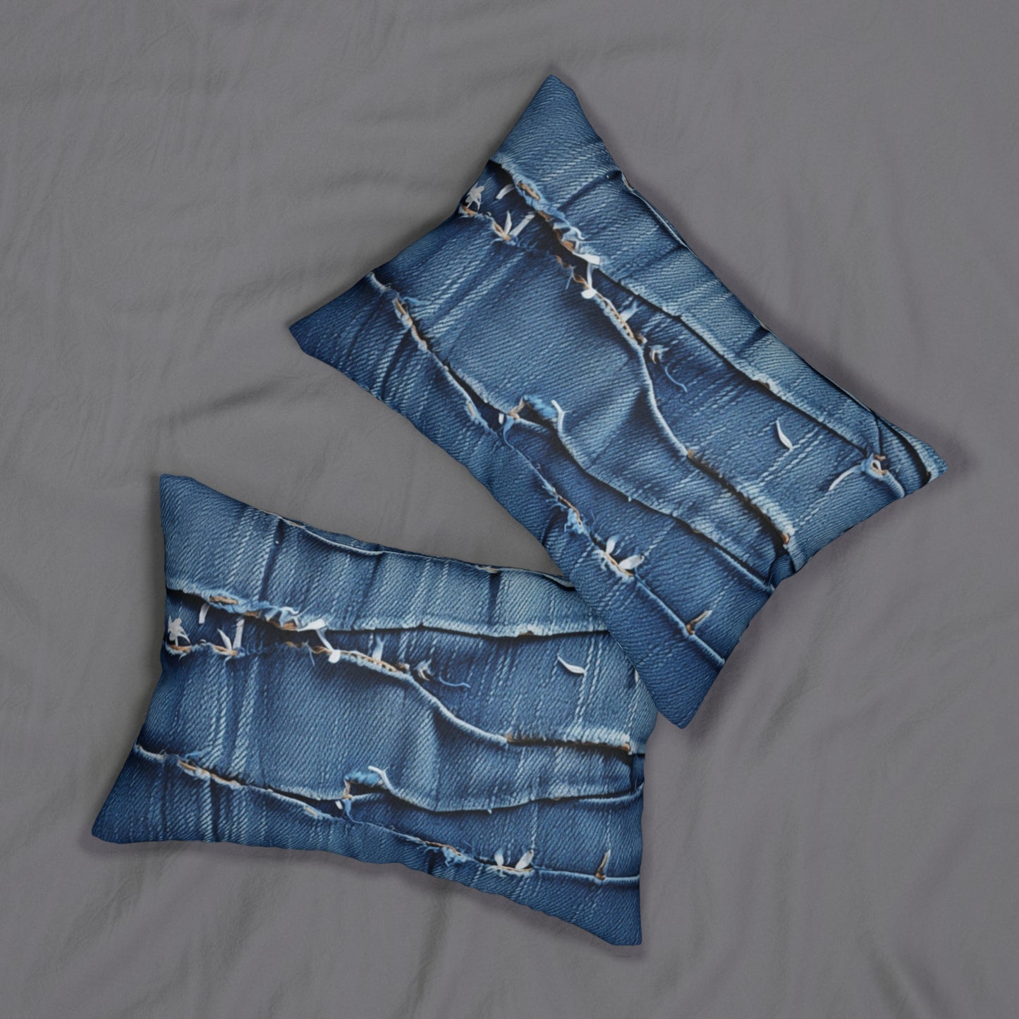 Midnight Blue Distressed Denim: Rugged, Torn & Stylish Design - Spun Polyester Lumbar Pillow