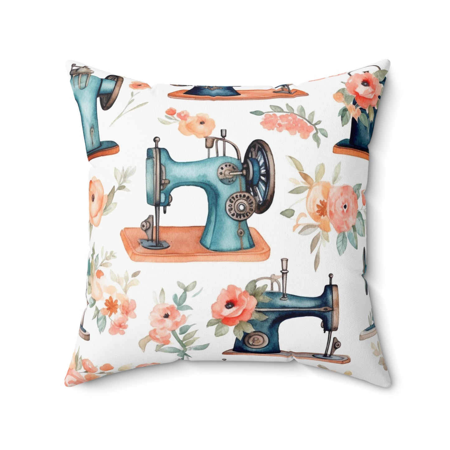 Watercolor Sewing Machines & Floral Bouquets: Antique Feminine Minimalist Styling - Spun Polyester Square Pillow