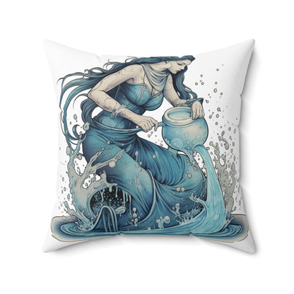 Aquarius Zodiac Symbol - Girl Pouring Water, Hand-Drawn Style - Spun Polyester Square Pillow