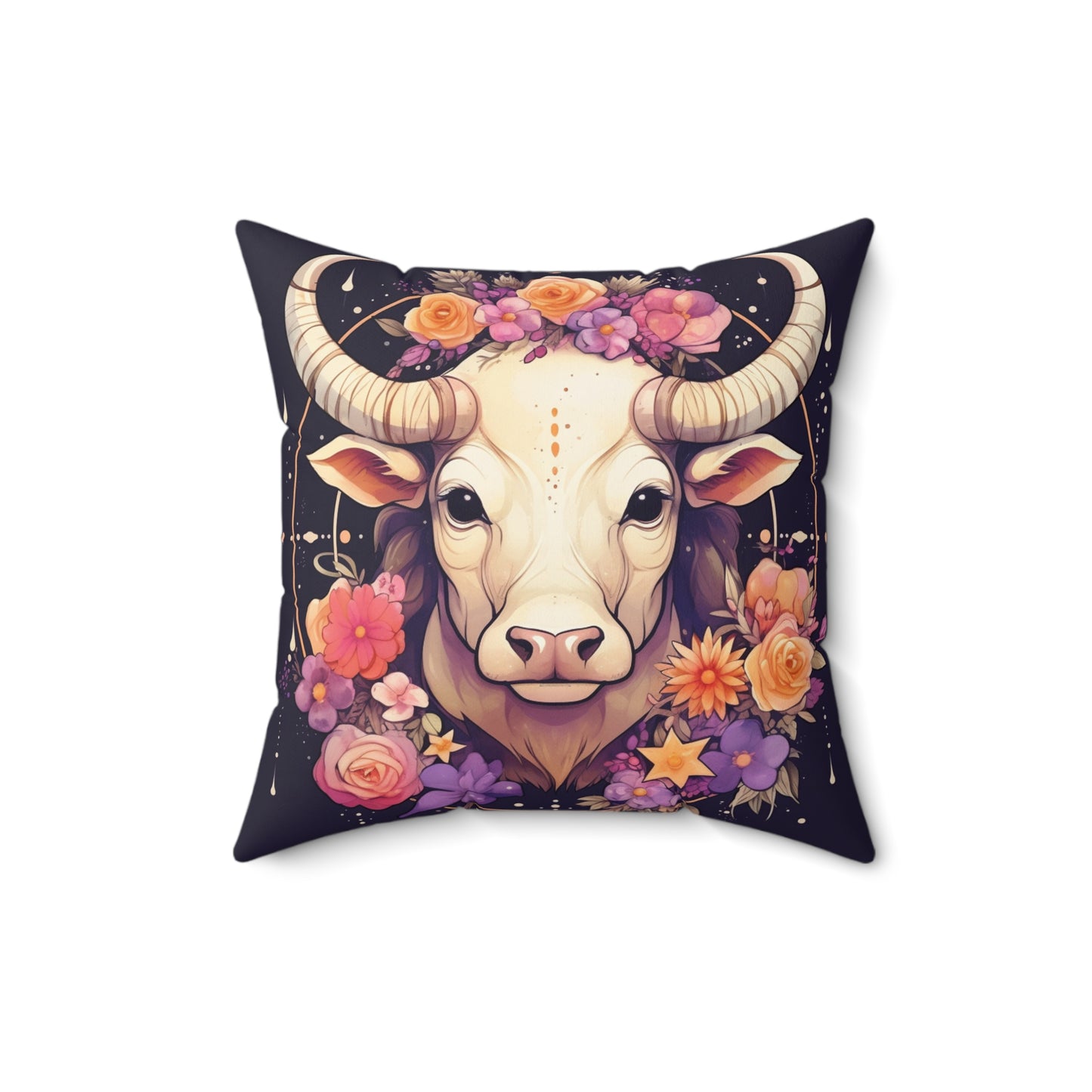 Taurus Zodiac Bull Flower Accents - Astrology Sign - Spun Polyester Square Pillow